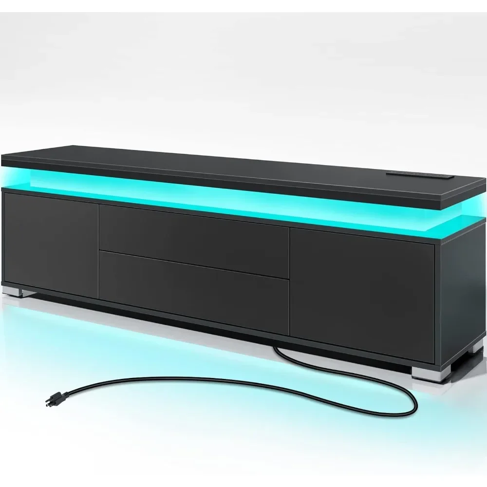 TV Stand with Power Outlet & LED Lights, Modern Entertainment Center for 32/43/50/55/65 Inchs TVs, TV Table