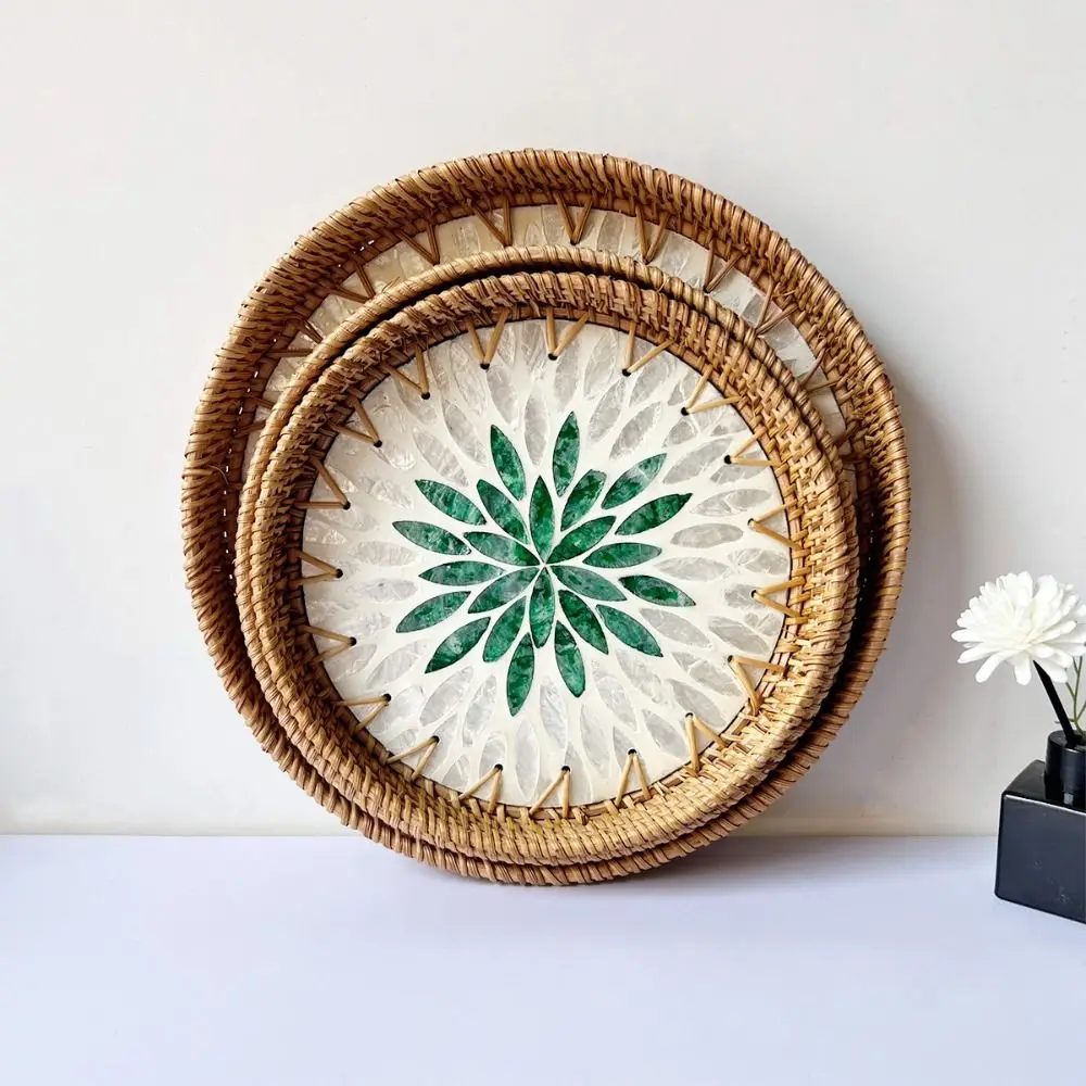 Creative Gift Shell Mosaic Round Woven Tray Handmade Home Decor Rattan Serving Tray Decorative Table Centerpiece