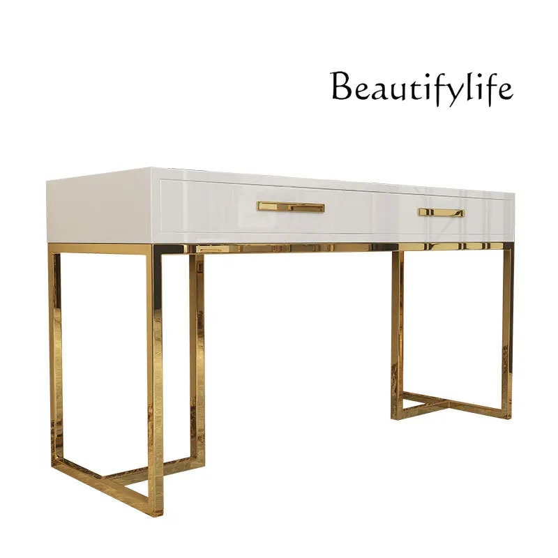 

Light luxury stainless steel desk post-modern tempered glass table and chair combination bedroom simple writing desk