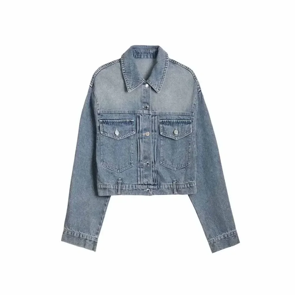 Women's new fashion flap pocket decoration casual short denim jacket coat retro long sleeved button up women's coat chic top