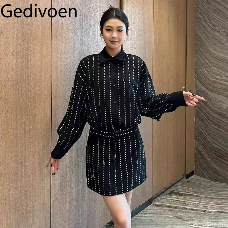 Gedivoen تنورة سوداء صغيرة قميص تنورة ضغط ساخن الماس شرابة تخفيف البوليستر طويلة الأكمام طية صدر السترة فستان عصري