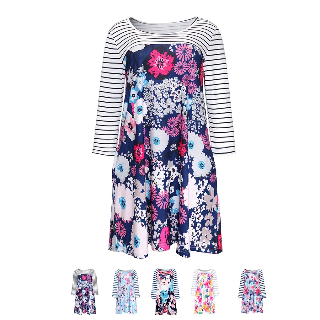 Femmes fille col rond épissage Foral rayure Mini robe poche latérale robe à manches longues