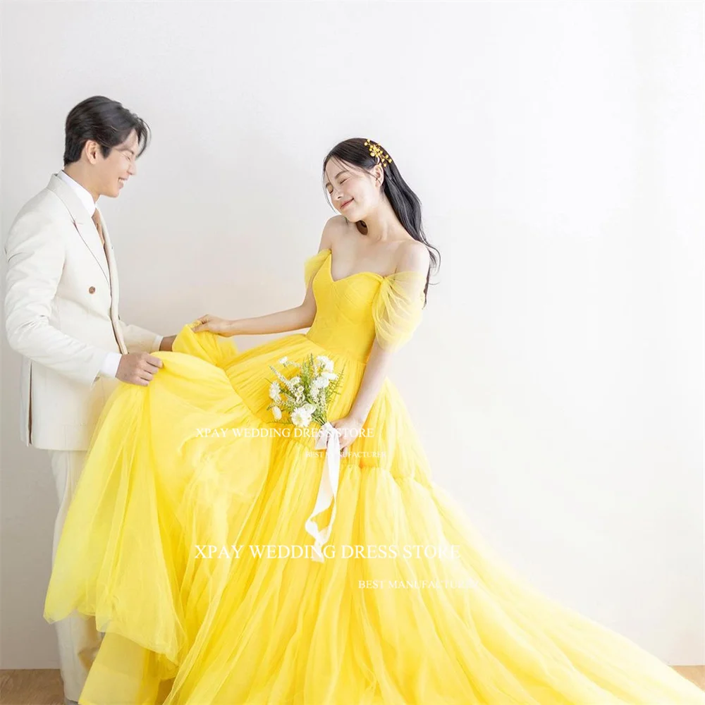 XPAY Fairy Sweetheart Yellow Korea Colorful Wedding Dresses Off Shoulder Floor Bridal Gown Photo Shoot A Line Corset Bride Dress