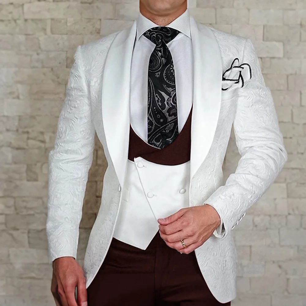 4 Piece Set Men\'s Jacquard Suit Wedding Groom Tuxedo Jacket Pants Vest Formal Party Dress White Floral Blazer