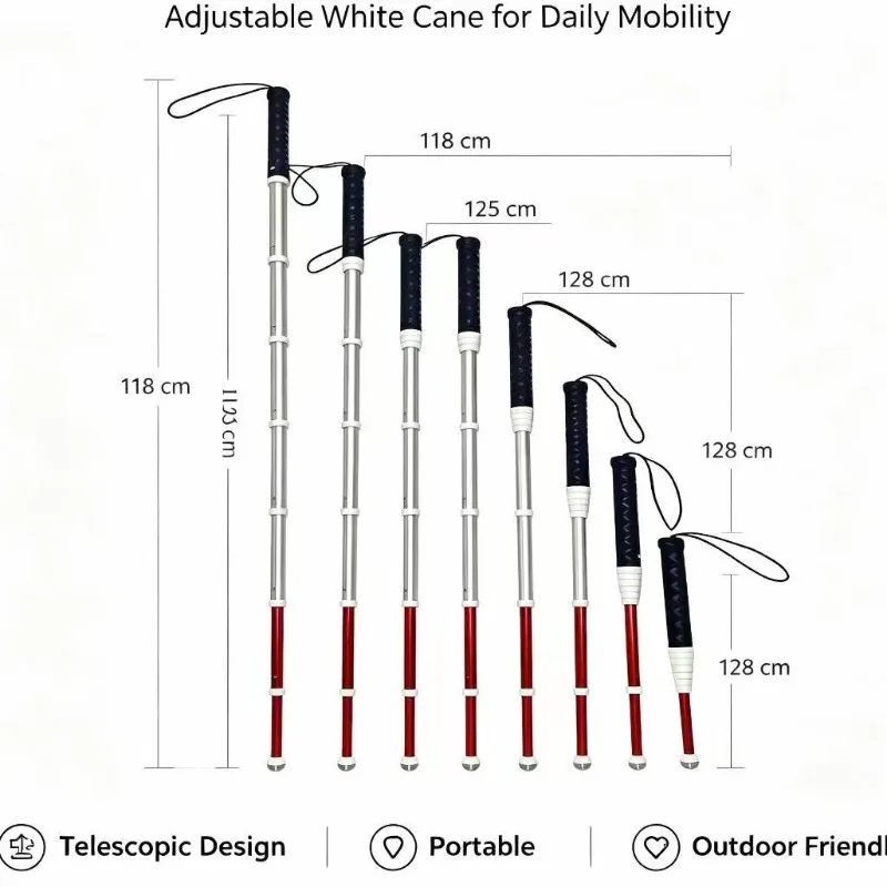 Foldable Telescopic White Cane Aluminum Alloy Walking Aid Adjustable Length Guide Stick Blind Visually Impaired User