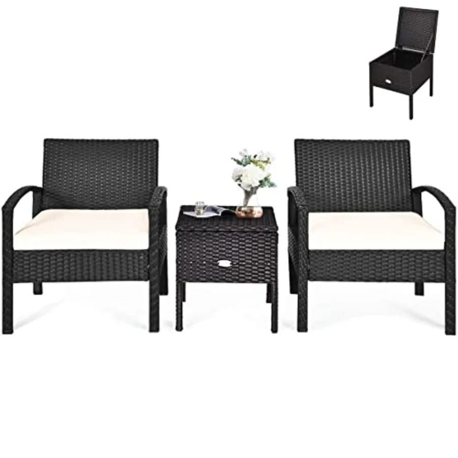 

HAPPYGRILL 3 Pieces Patio Furniture Set Rattan Wicker Sofa Set with Removable Cushions and Coffee Table Outdoor Conversation Bi