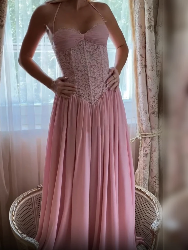 Vintage Süßes Rosa Blumen-Spitzenkorsett Bodenlange Kleider für Damen mit Spaghetti-Trägern und Plissee, Schickes Sommer-Abendoutfit – Detail 12