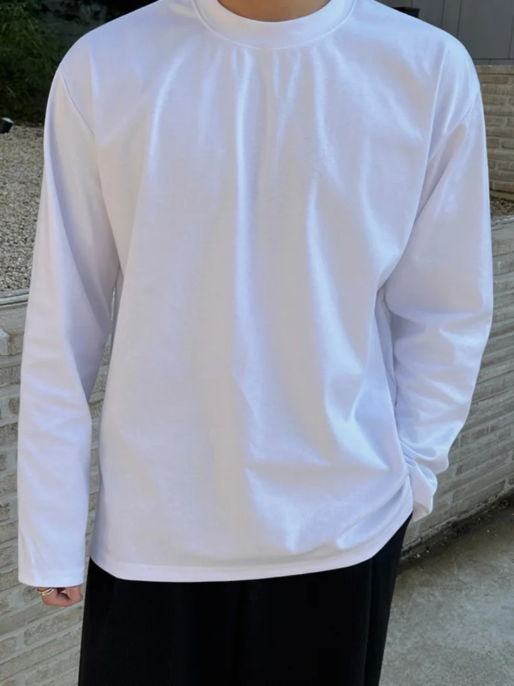 

SYUHGFA New Simple Men's T-shirts Round Collar Solid Color 2025 Autumn Korean Style Pullover Tees Long Sleeved Loose Male Tops