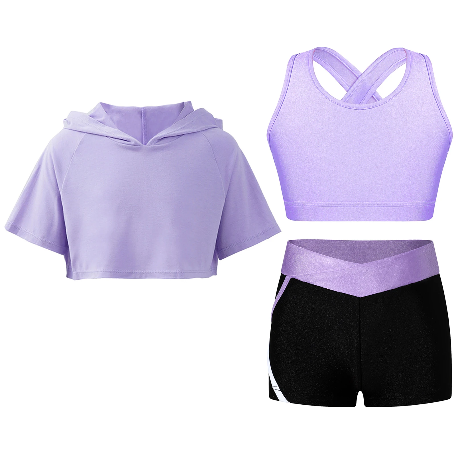 Kinderen Meisjes Workout Gymnastiek Outfit Yoga Sets Keyhole Back Vest Shorts Korte mouw Crop Top met capuchon Tienersport Atletische pakken