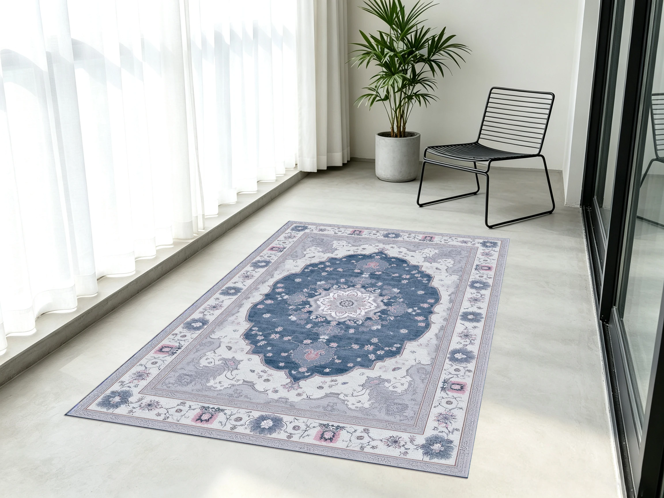 2D Velvet Rug in Gray-Blue-Beige Tones with a European Retro Floral Pattern Soft to the Touch, Perfect for Living Rooms