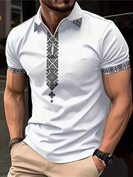 Men's Summer Polo Shirt Short Sleeved Pullover Simple Totem Texture Printing Body Showing Gym Sports T Shirt Zipper Adjustment