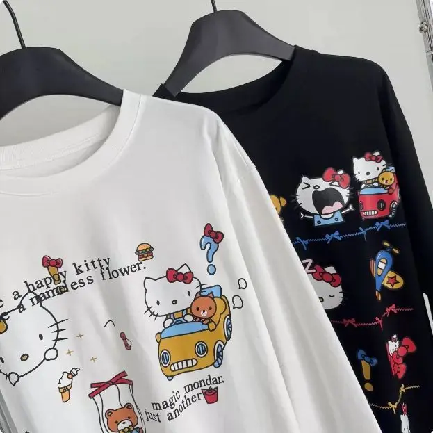 Streetwear Loose Cute Hello Kitty Graphic T Shirts Woman Clothes Long Sleeve Korean Fashion 2000s Clothes Y2k Tees Female Chic