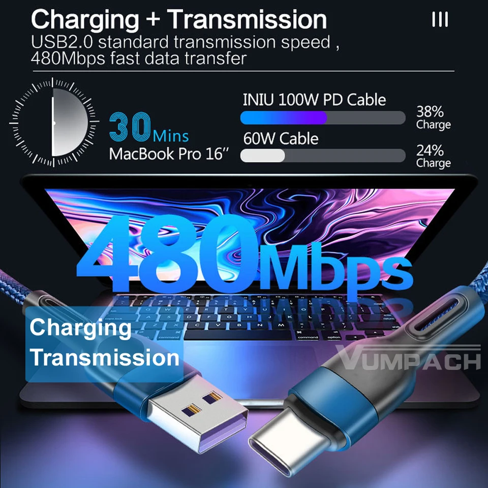 Vumpach Cable USB tipo C de carga rápida, cable de datos y cargador para Samsung s21 s20 A51, xiaomi mi 10, redmi note 9s 8 5