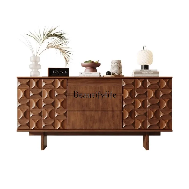 

Medieval solid wood dining side cabinet household living room wall locker Nordic retro walnut