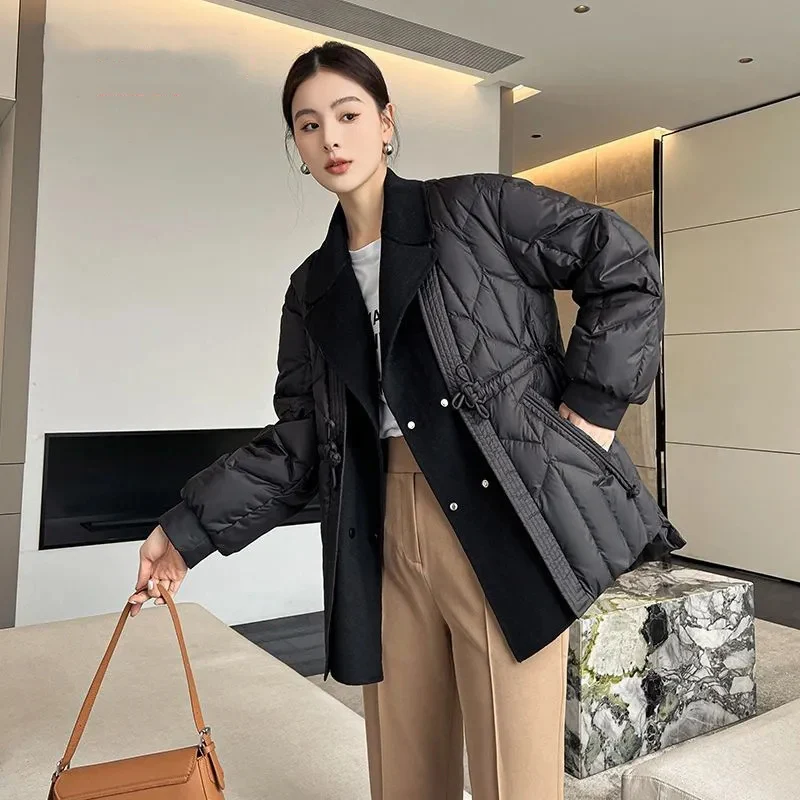 2023 Women New Korean Collar Folds Casual Vintage Down Coat Large Pockets Solid Color Original Down Coat