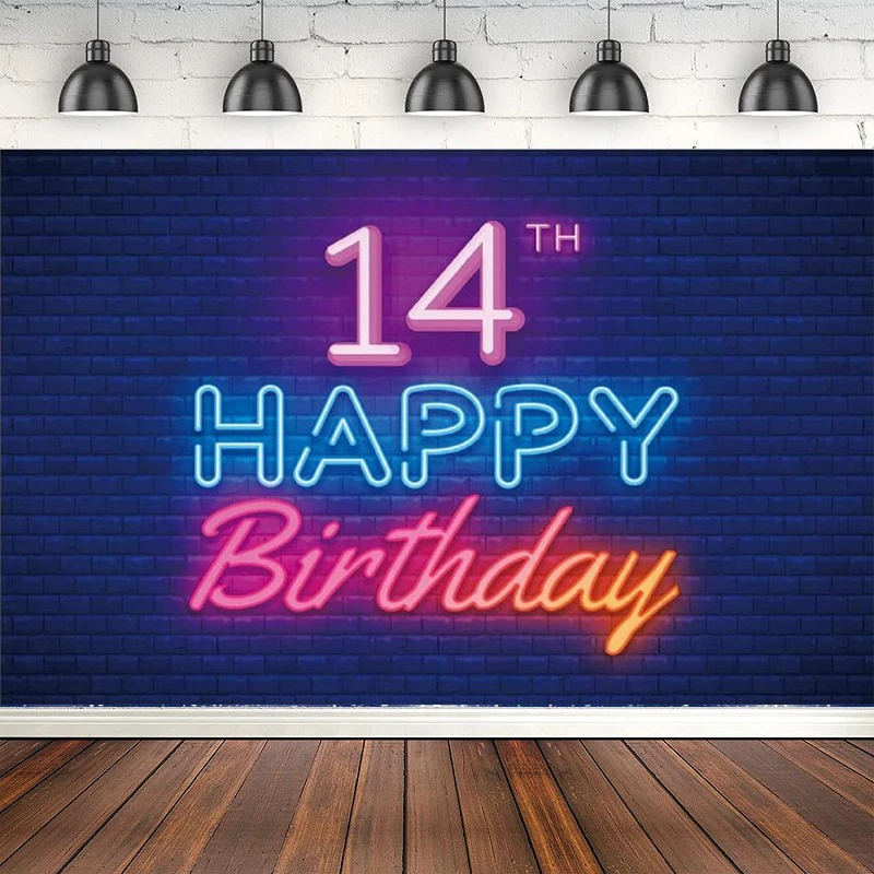 

Glow Neon Photography Backdrop Black – Colorful Glowing 14 Years Old 14th Birthday Party Banner Decor For Boys Girls Supplies