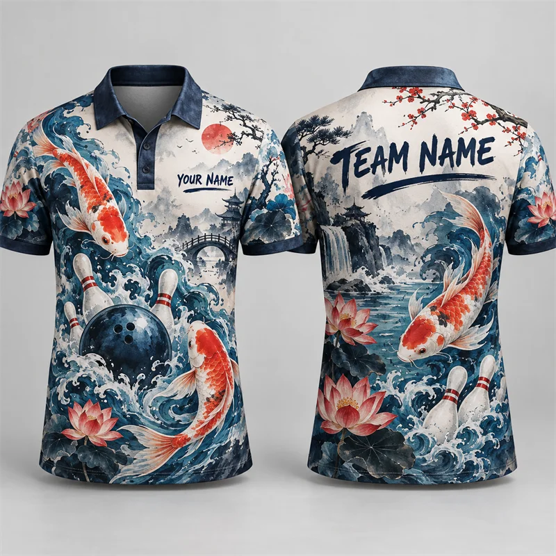 Custom Bowling Polo Shirt Personalized Name Team Name Scenic Art Print Short Sleeve Jersey League Tournament Sports Uniform