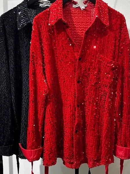 

Trendy Men's Sequin irt Faionable Belted Personali Stage Wear Hair St Trendy Men's Clothing M Singer DJ Perform...