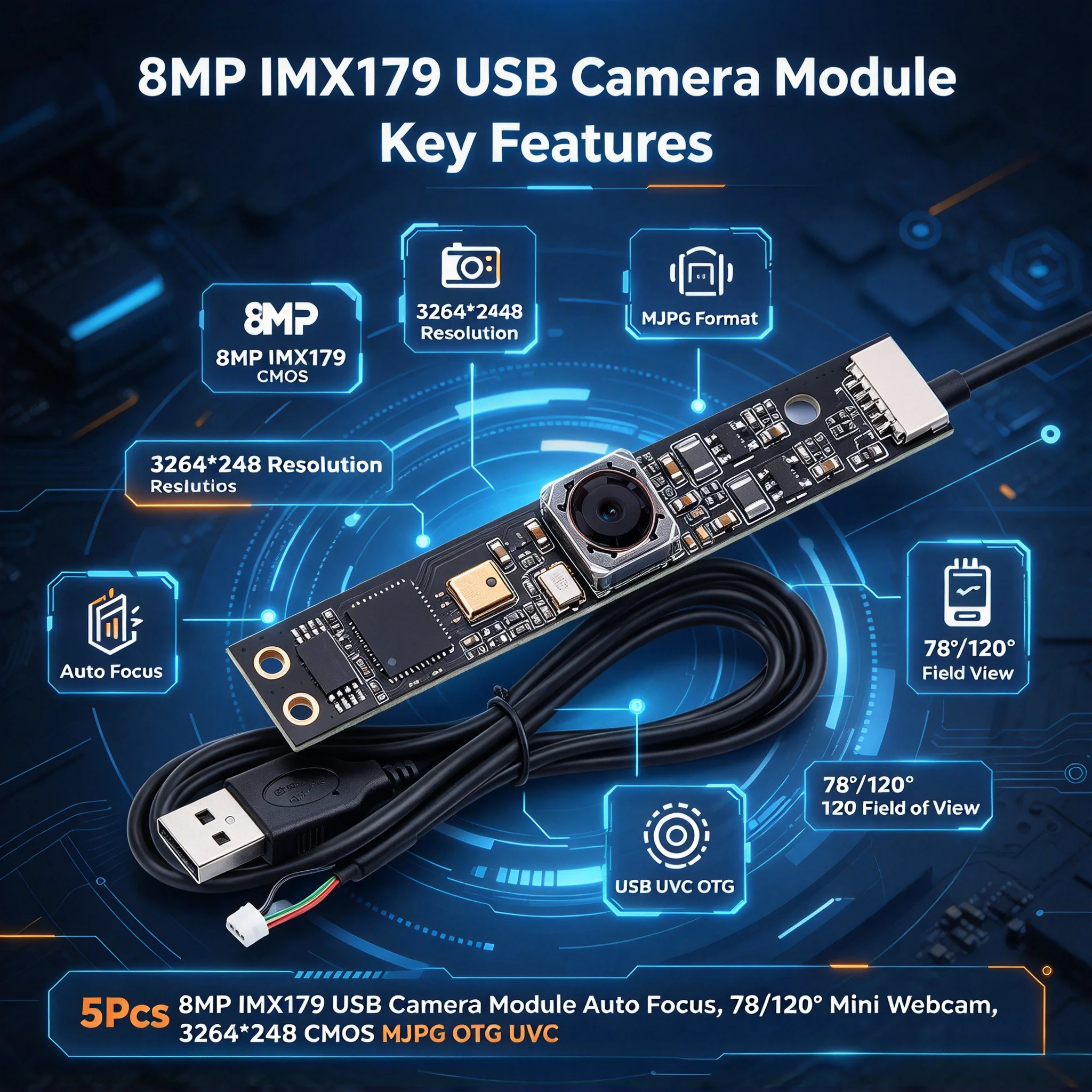 5Pcs 8MP IMX179 USB Camera Module Auto Focus, 78/120° Mini Webcam, 3264*2448 CMOS MJPG OTG UVC Plug and Play*