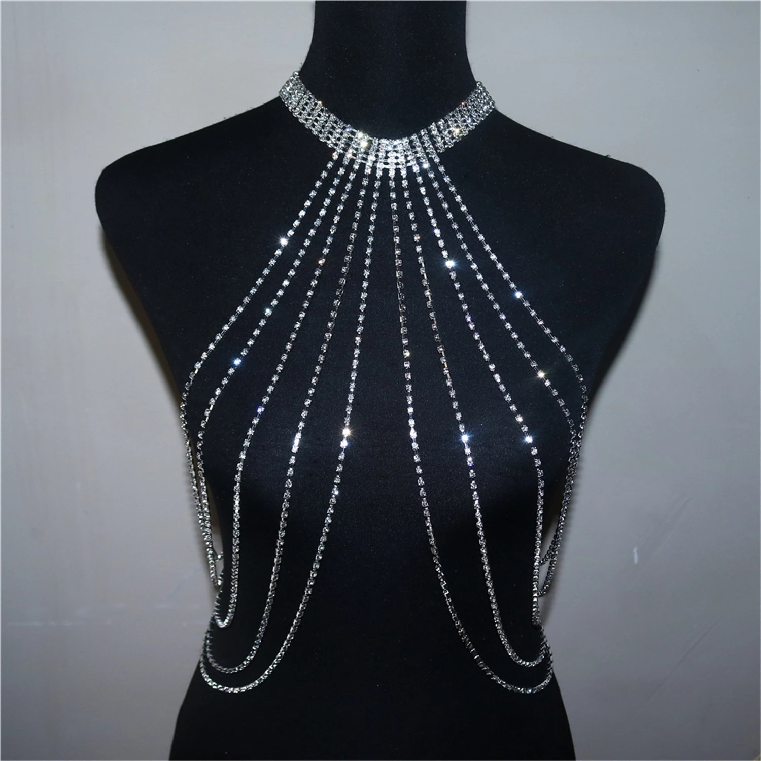Summer Beach Sexy Rhinestone Bra Body Chain European American Multi layer Long Tassel Necklace Chest Chain Top