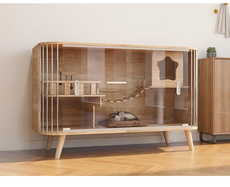 Solid Modern Cabinet Wood Cat Villa Nest Bed Wooden Luxury Pet Cage Showcase Kitty Cat  House