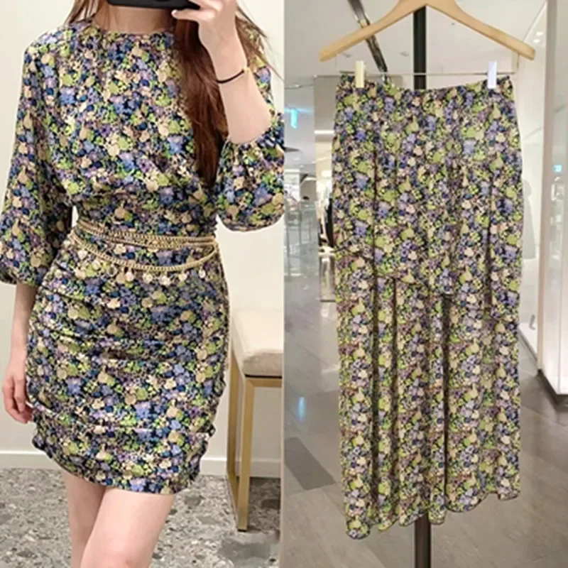 

Women Floral Printed Dress Pleated Wrapped High Waist O-Neck Long Sleeve Vintage Mini Robe