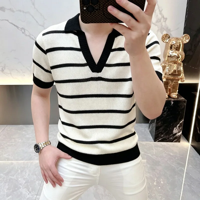 British Style Ice Silk Knitted Polo Shirt Men's Versatile Striped V-neck Casual T-shirt Comfortable Business Social Polo Tshirts