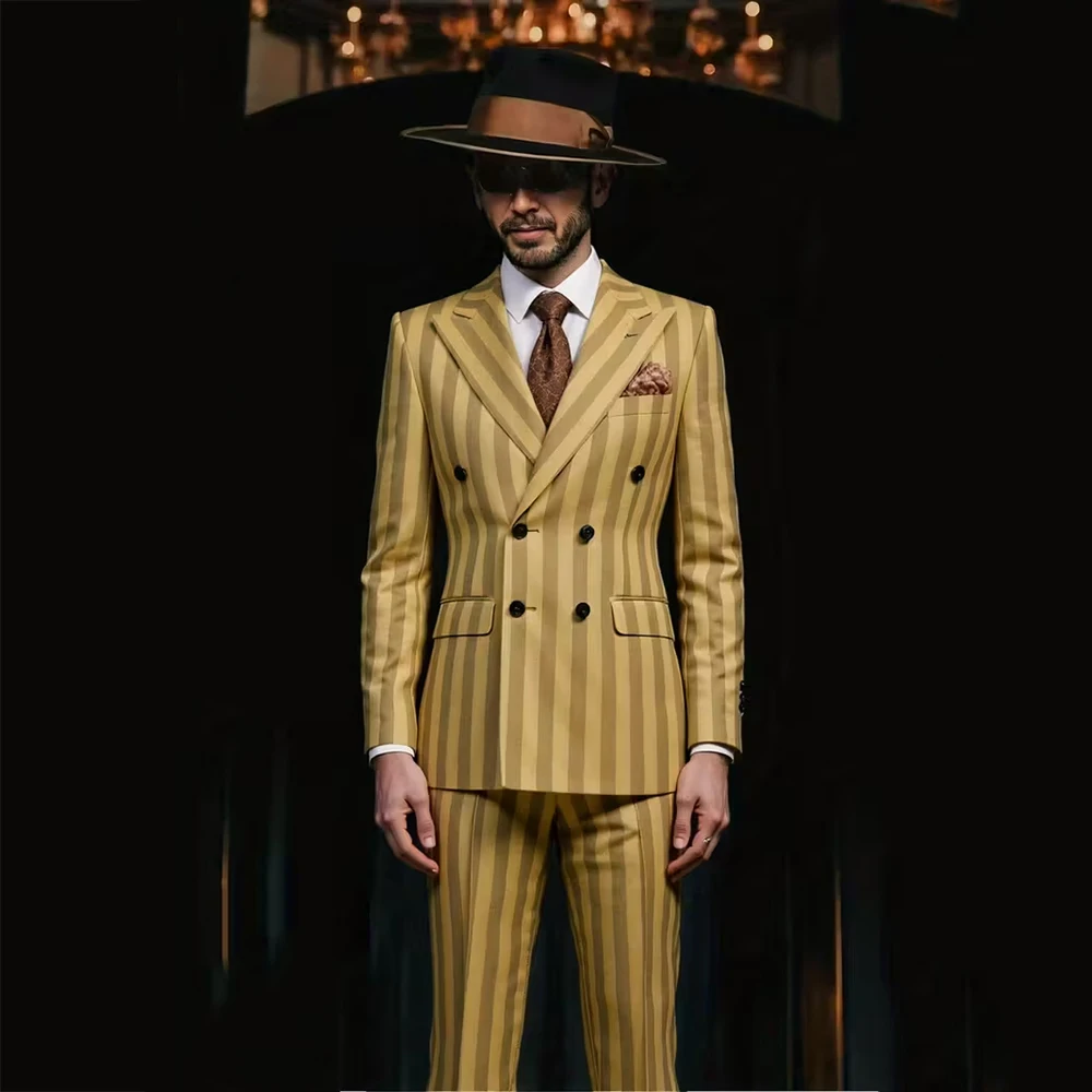 

Chic Yellow Men's Suits 2 Pieces Jacket Pant Sets Double Breasted Peak Lapel High Quality Special Occasion Male Custom Sets
