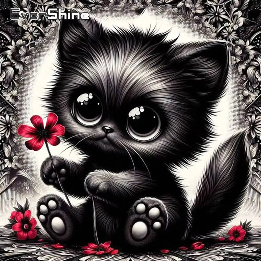 Evershine Diamant-Gemälde, schwarze Katze, Tier, voll, quadratisch, rund, Diamant-Mosaik-Kunst, Stickerei, handgefertigt, Hobby