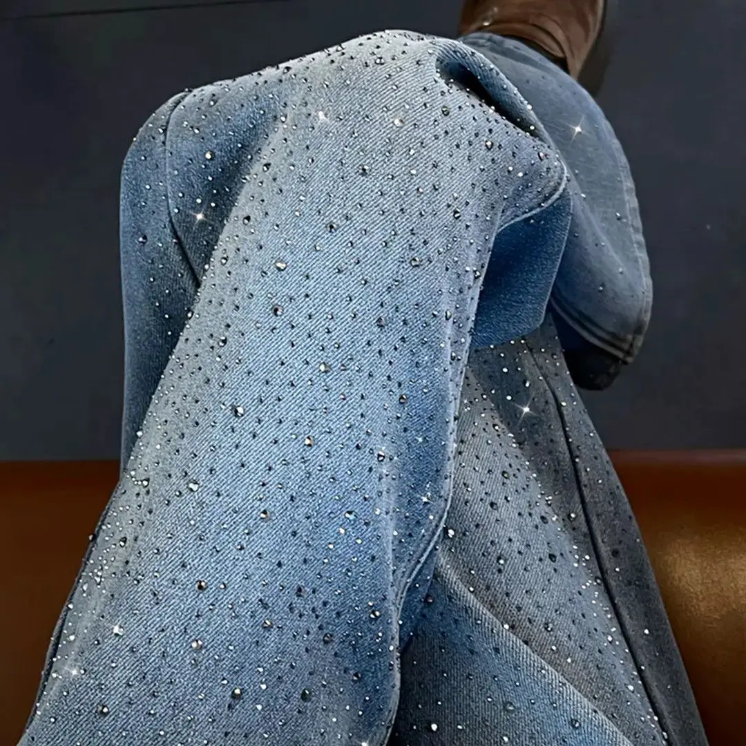 Bursting Gypsy Hot Diamond Wide Leg Jeans Women's 2026 Spring and Autumn New High Waist Skinny Drape Straight Pants with Diamond