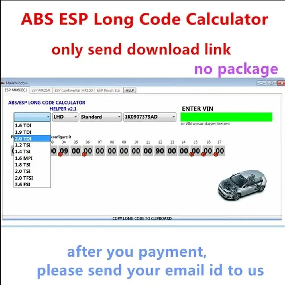 Newest for VW ABS ESP Long Code Calculator Helper MK60EC1 ABS ESP Long Code Calculator software+ unlimited install+ install vide