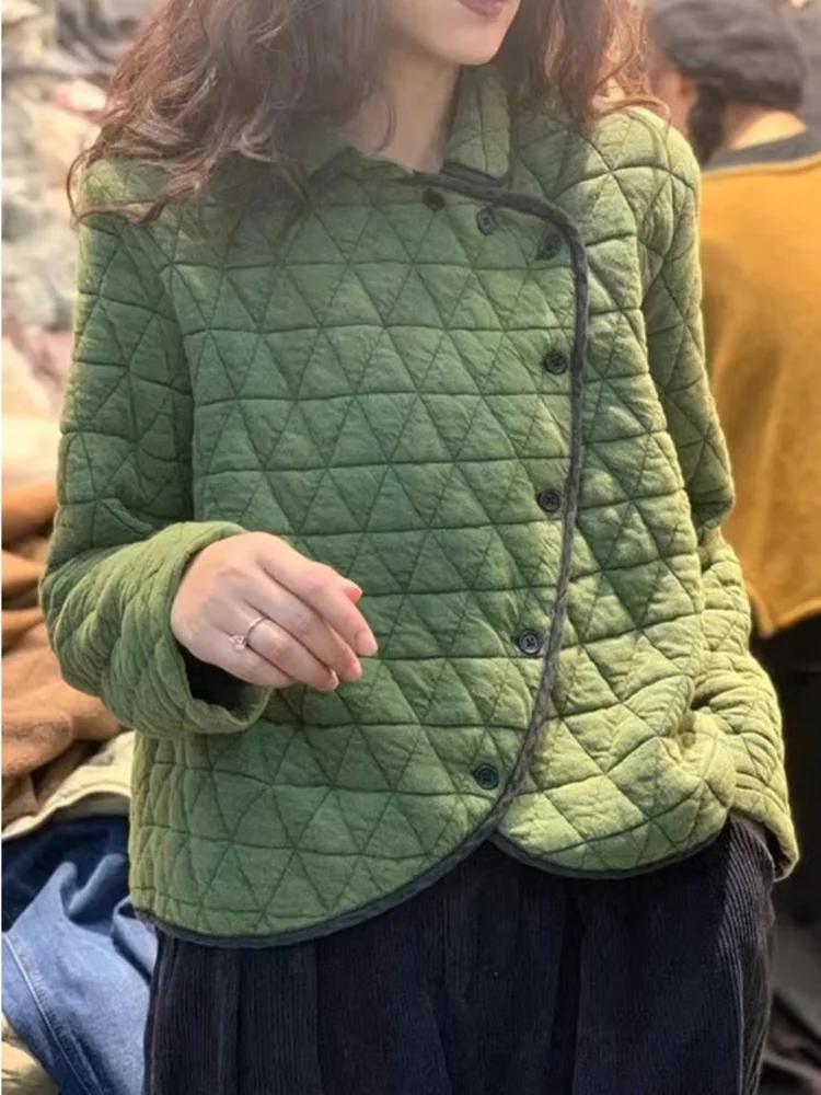 Women retro contrasting color diamond grid cotton jacket autumn winter new lapel collar loose thick and warm cotton coat