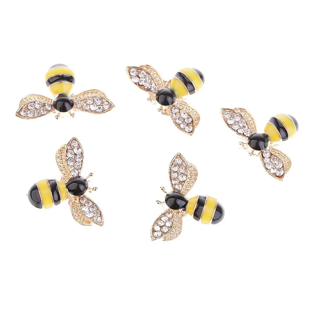 5 Pieces Bee Shape Alloy Rhinestone Flatback Buttons for Accessories 25mm