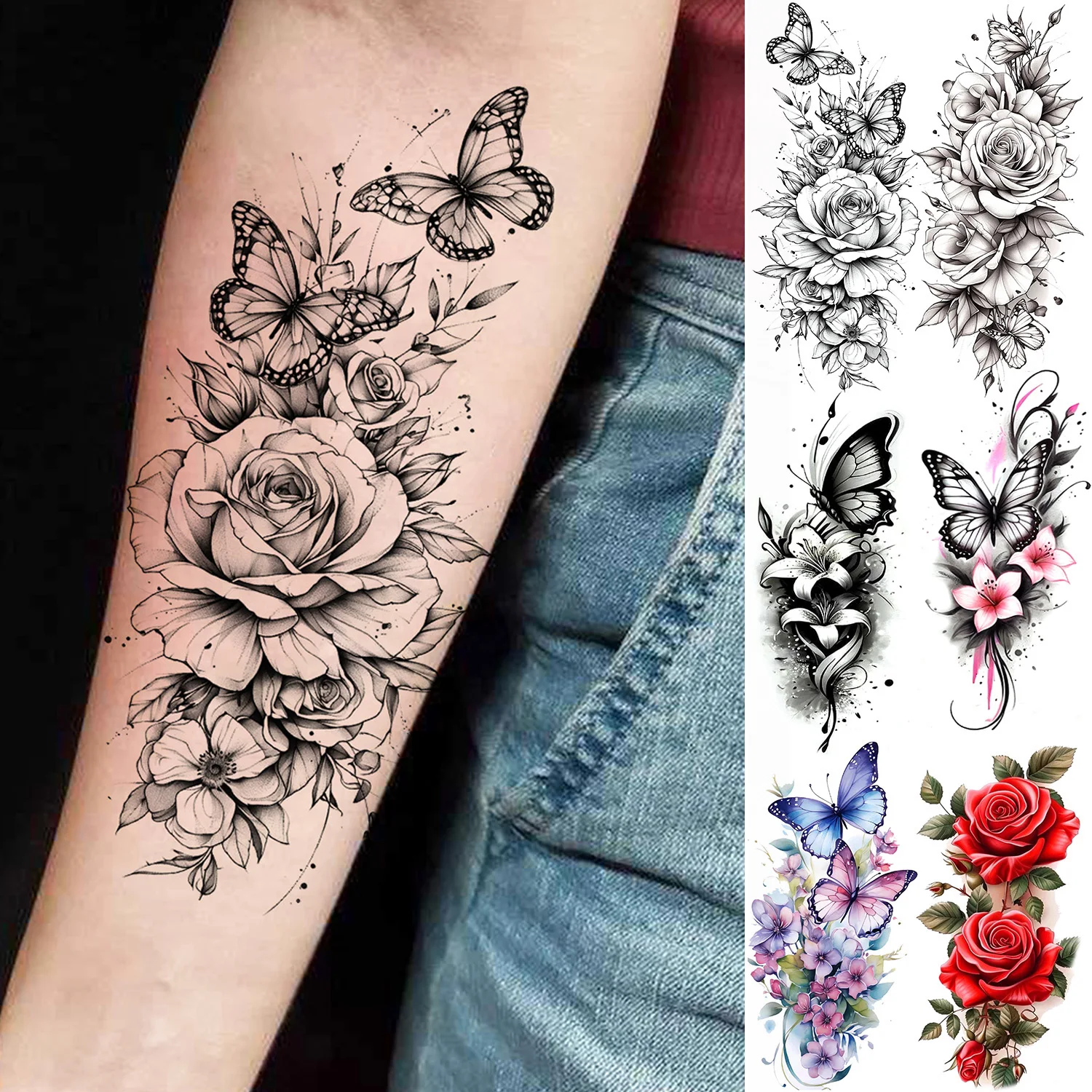 

1 Sheet Beautiful Peony Rose Flowers Temporary Tattoos For Women Waterproof Realistic Butterfly Fake Tattoo Sticker Long Lasting