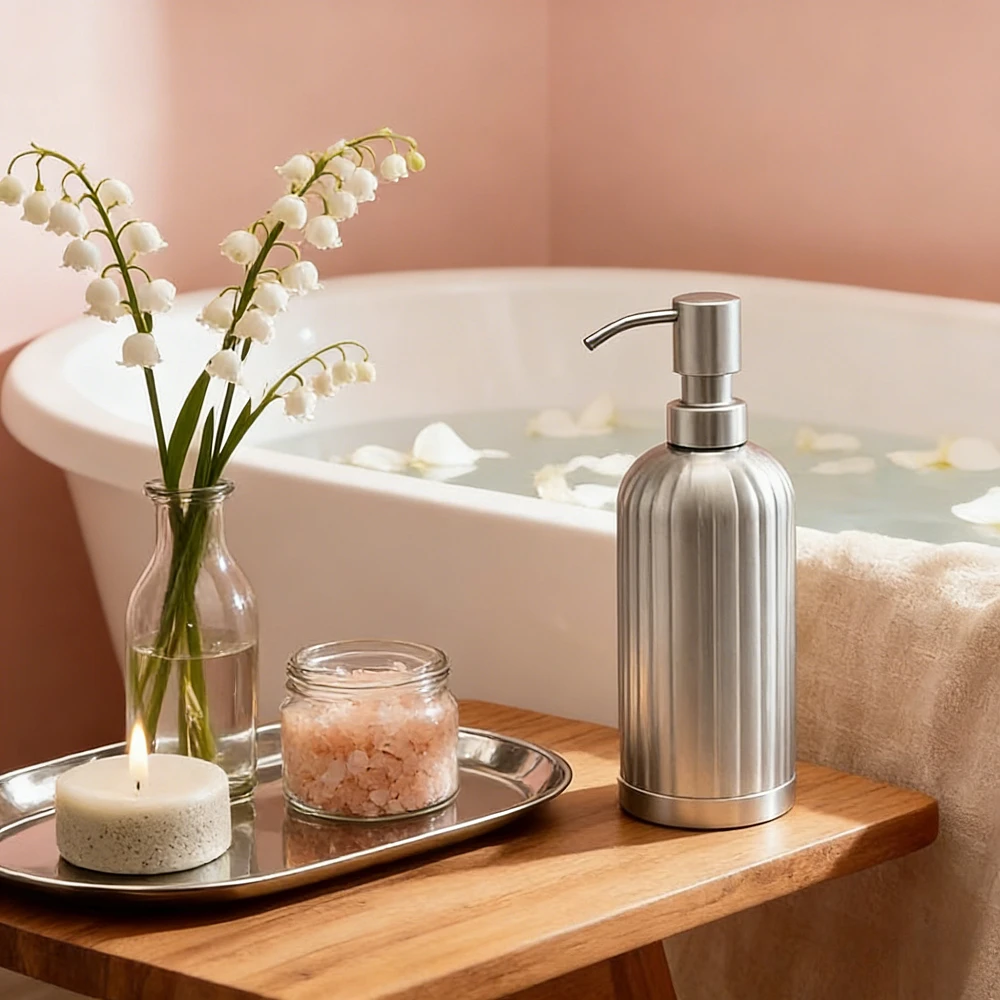 Soap Dispenser Stripe Design Dish Soap Dispenser Brushed Nickel, Refillable Liquid Hand Soap Dispenser for Bathroom, Kitchen