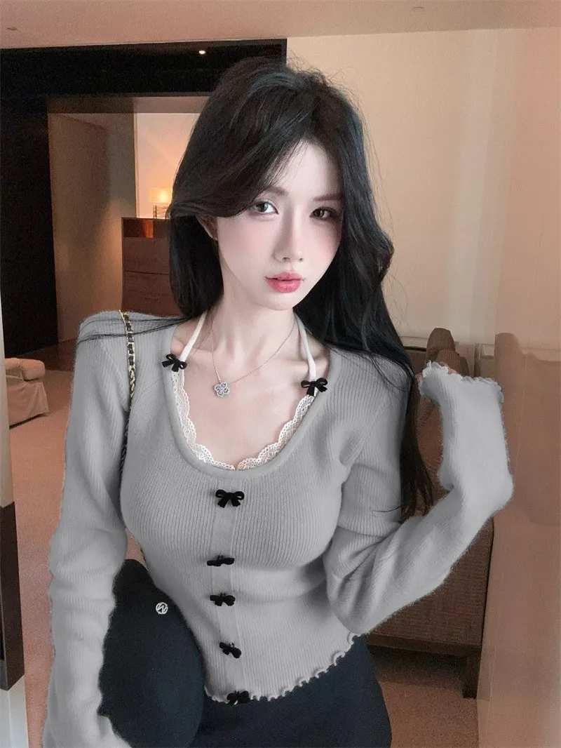 

Korean Style Knot Detail Casual Knit Top Women's Fashion 2026 Trendy All Match Shirt Elegant Lace Long Sleeve T-shirt