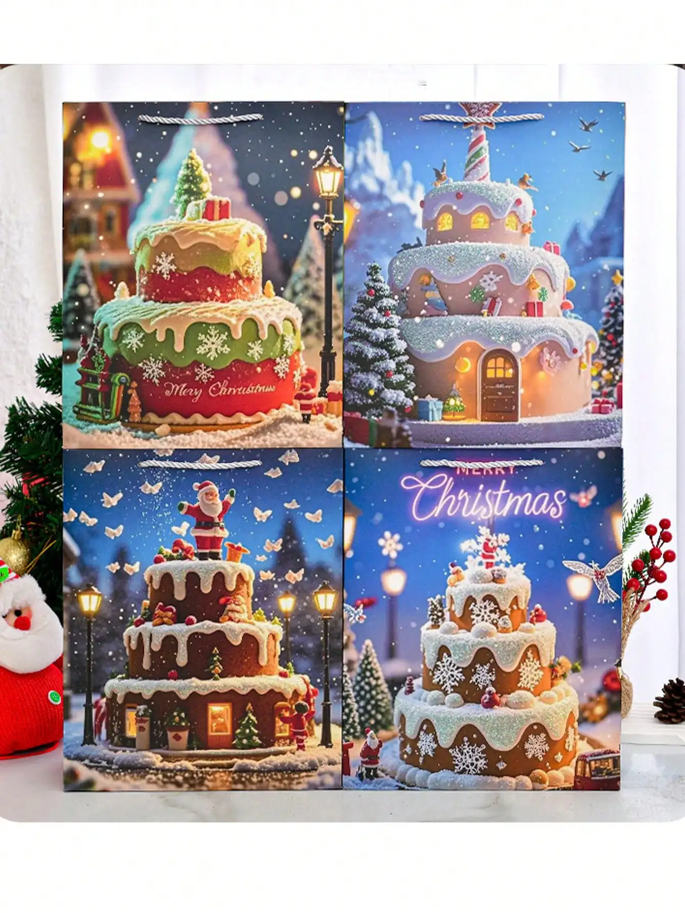 ถุงของขวัญกระดาษสุขสันต์วันคริสต์มาส 4 ชิ้น ลายซานต้าเกล็ดหิมะสำหรับห่อของขวัญงานปาร์ตี้