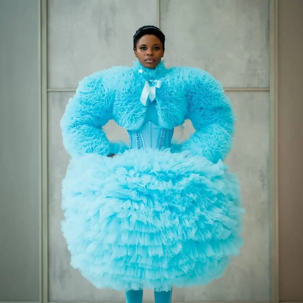 

Sky Blue Tulle Prom Gown High End Layered Tulle Party Dresss Tiered Full Sleeve Formal Dress With Corset For Fairy Girls