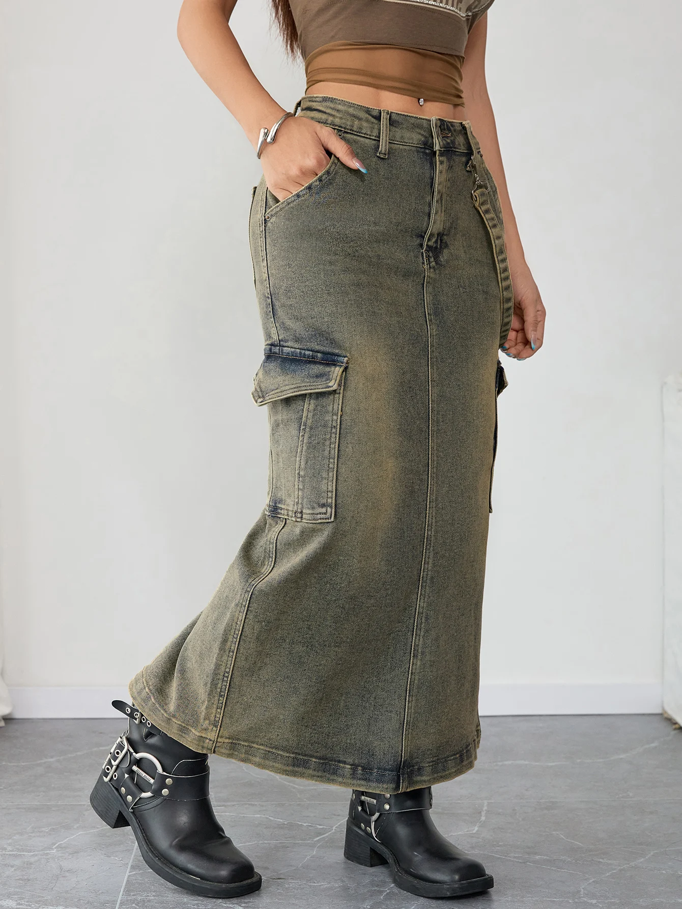 Gonna lunga in denim cargo vintage a vita alta Pantaloni jeans streetwear per donna Moda Y2K Abbigliamento multiuso