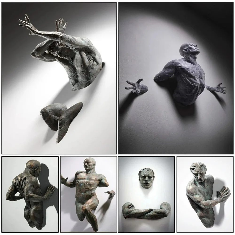 3D Sculpture Man Coming Out of Wall Abstract Figure Home Decor Canvas Printed Mural Poster Statue Art Living Room Modern Cuadros