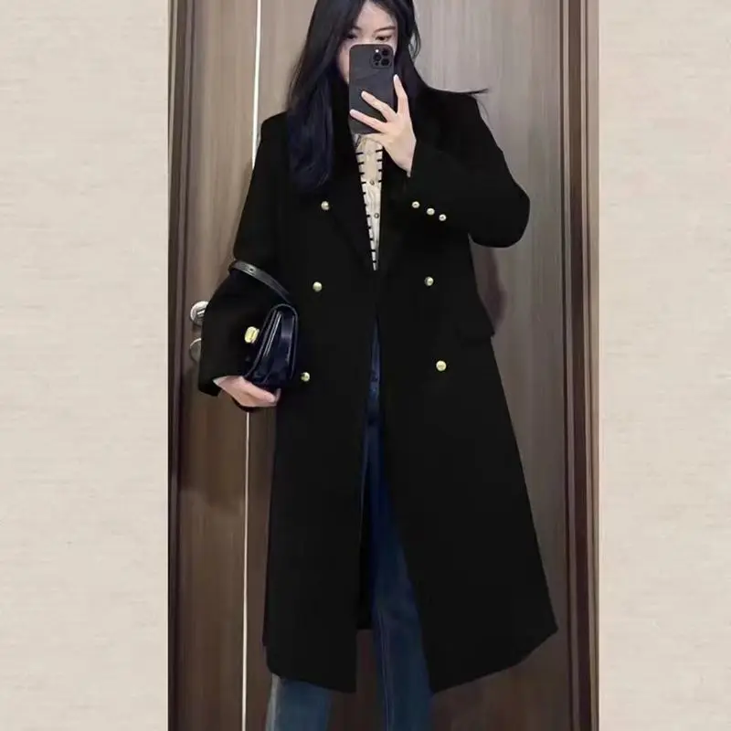 Women's Black Woolen Coat with Cotton Thickening Over the Knee Loose Slimming Woolen Coat for Autumn and Winter Small Stature