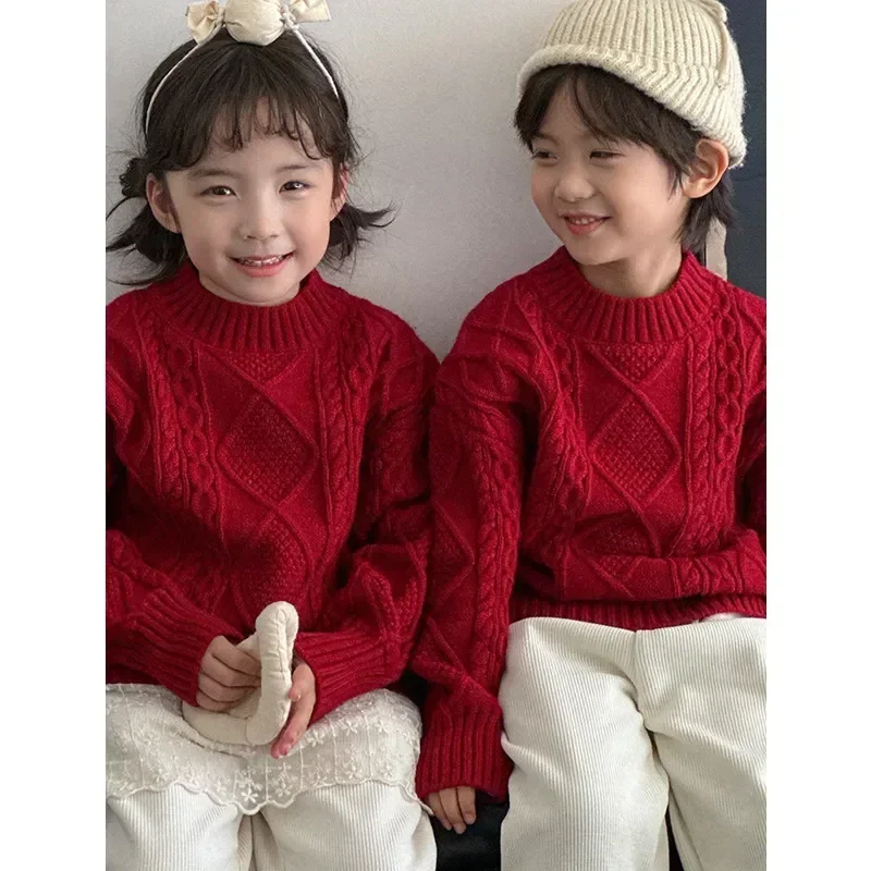 Family Warm New Year Sweater Winter Parent-child Christmas Knitted Red Jumper Father Mother and Daughter Son Matching Clothes