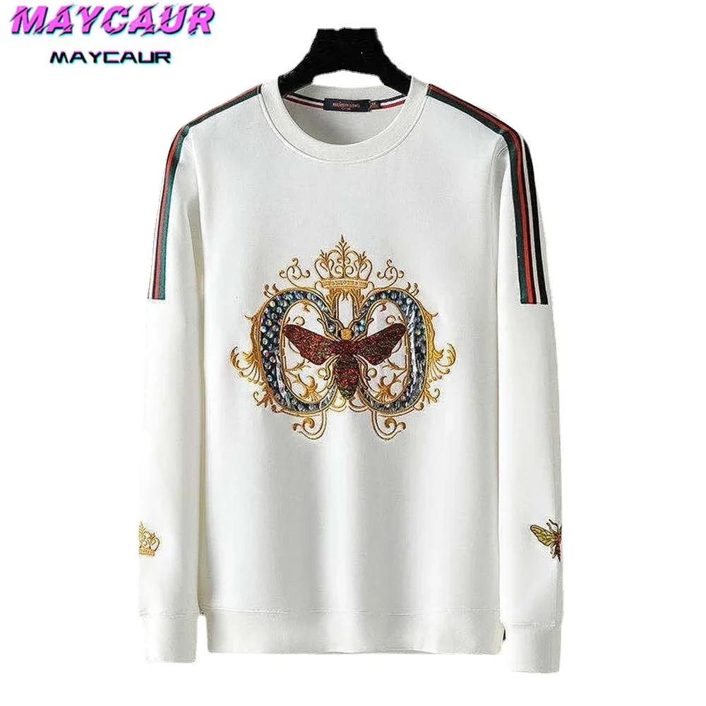 

Autumn and Winter Men's Hoodie Thick White Rhinestone Embroidered Crown Bee Long-sleeved Round Neck Pullover Bottoming Shirt