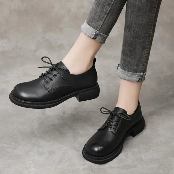 النمط البريطاني الدانتيل متابعة قسط أحذية من الجلد الطبيعي امرأة الشقق 2025 جديد أنيق مريح حذاء كاجوال مسطح أسود #2
