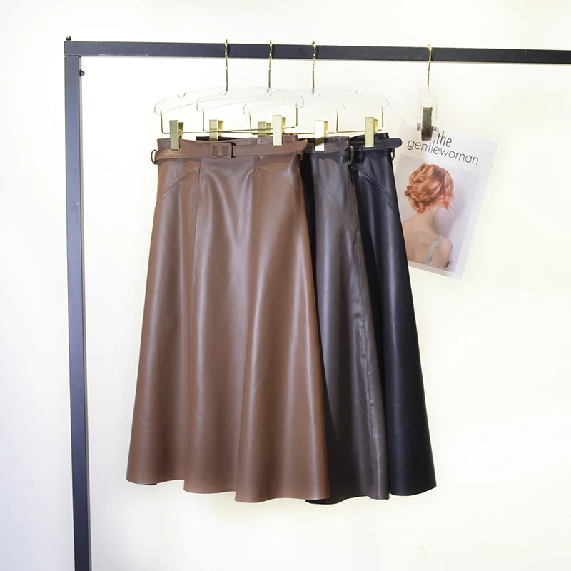 Coffee/Caramel Leather Skirts Autumn Winter Women Soft Sheepskin High Waist Belt Slim Versatile A-Line Long Umbrella Skirt Saias