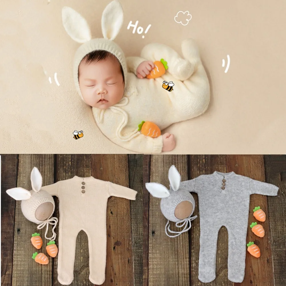 

Newborn Photography Clothing Cute Rabbit Hat+Jumpsuits+Radish Prop Outfits Baby Photo Accessories Studio Shoot Infant Clothes