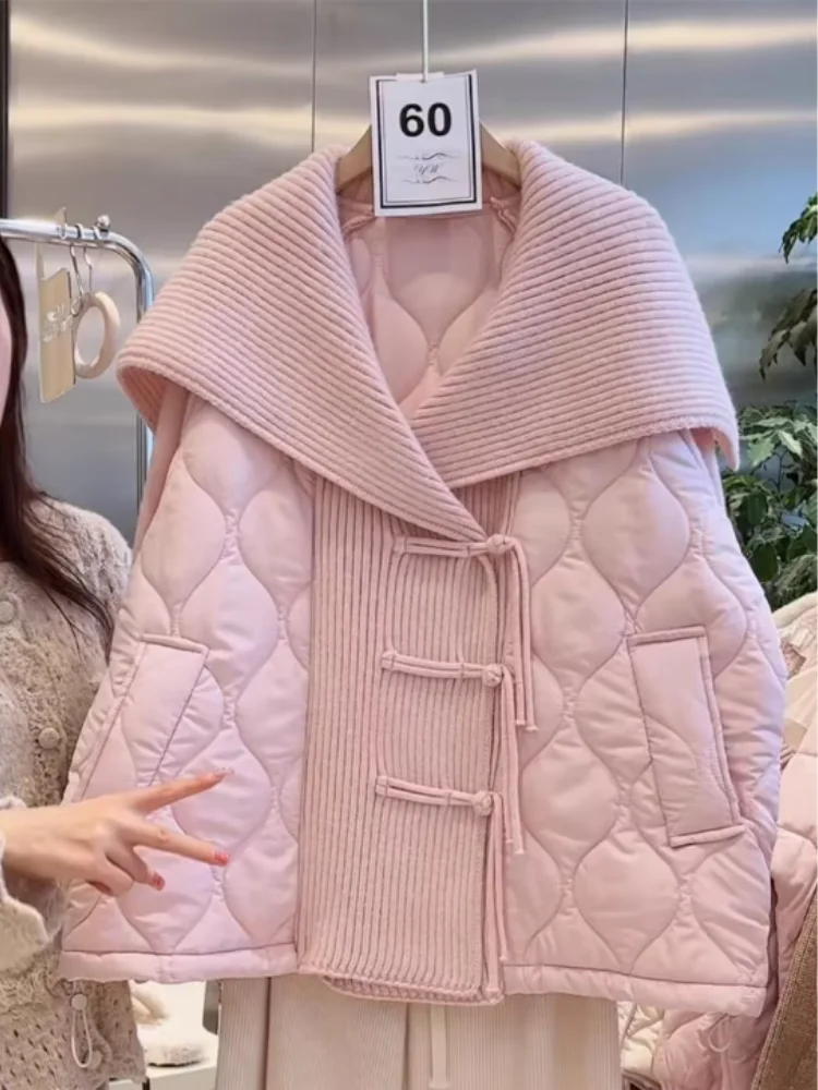 Women's Patchwork Knitted Quilted Cardigan Jacket with Lapel Collar 2026 Autumn Winter Sweet Loose Shawl Cotton Padded Coat