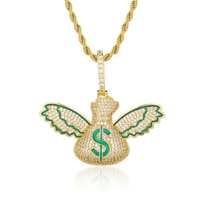 

Hip Hop Claw Setting AAA+ CZ Stone Bling Iced Out Flying Dollars Money Bag Pendants Necklaces for Men Rapper Jewelry