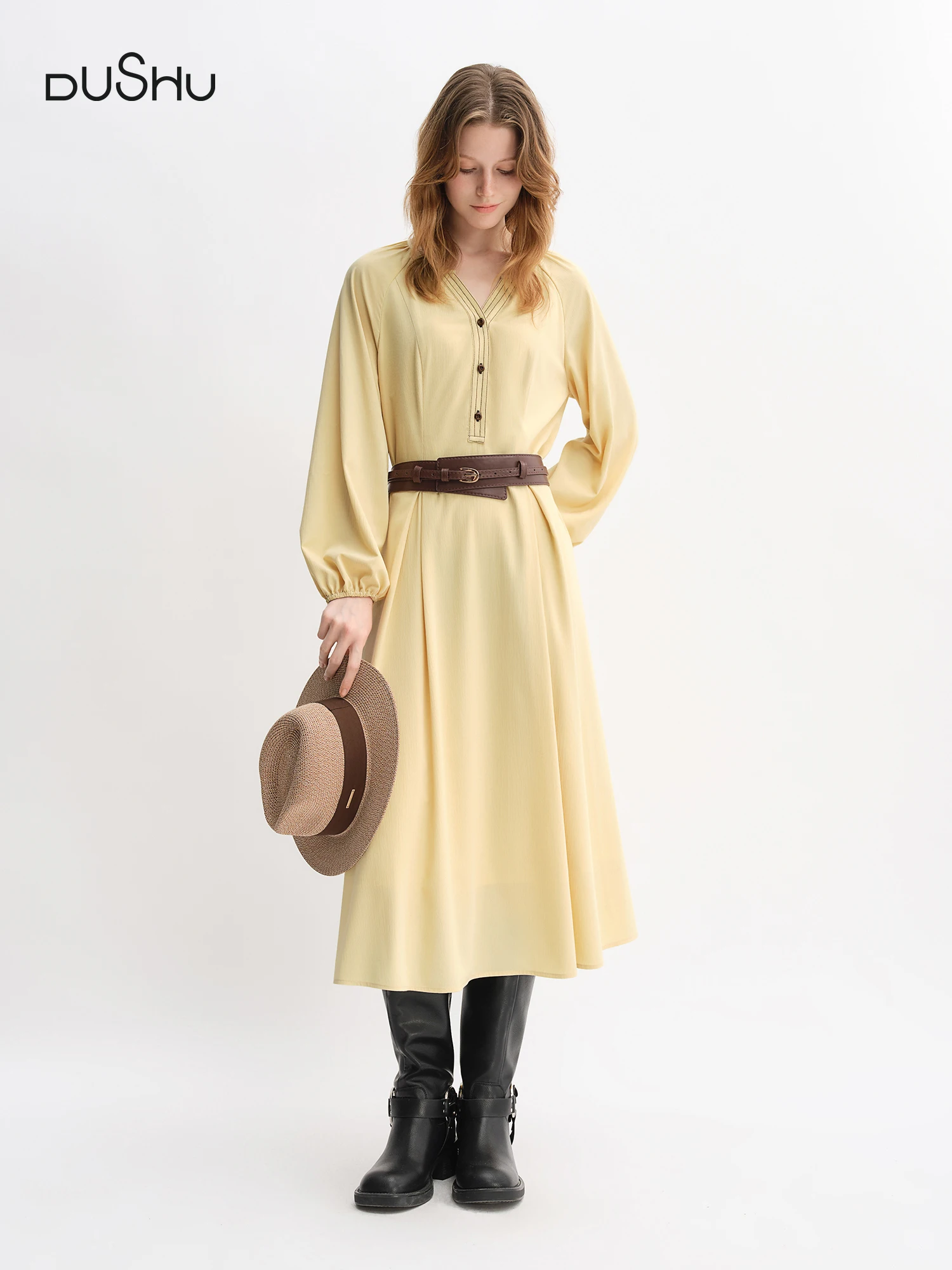 

DUSHU Plus Size Women's Apple-shaped Color-blocked Oversized Long Sleeve Dress Autumn 2025 New Arrival Office Casual 25DS83199