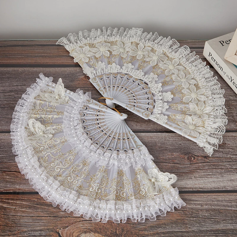 

European Princess Lace Hand Folding Fan Antique Craft Gift Fan Lolita Accessories Dance Fan Wedding Party Birthday Props Gifts